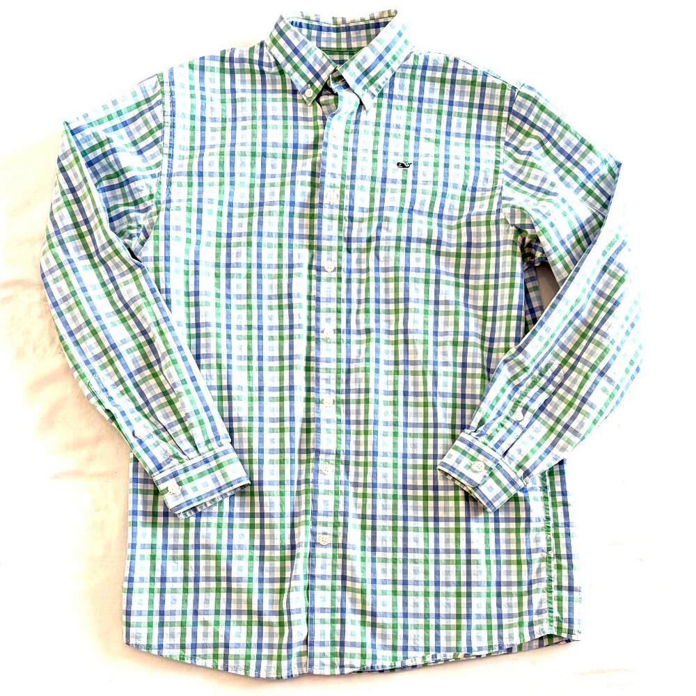 Vineyard Vines button down cotton shirt XL blue green white check long sleeves